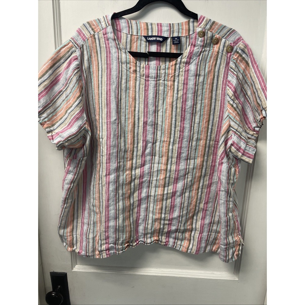Lands' End Women's Linen Short Sleeve Shirt Lrg Button Shoulder Boxy Striped 1X